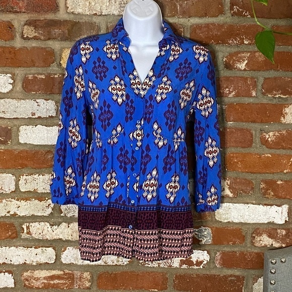 Anthropologie Maeve Blue Woodland Walk Tunic Long Sleeve Top Size 0 - Picture 3 of 9